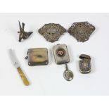 A collection of varied silver Trinkets, including a silver and enamelled Norwegian Match Box, c.