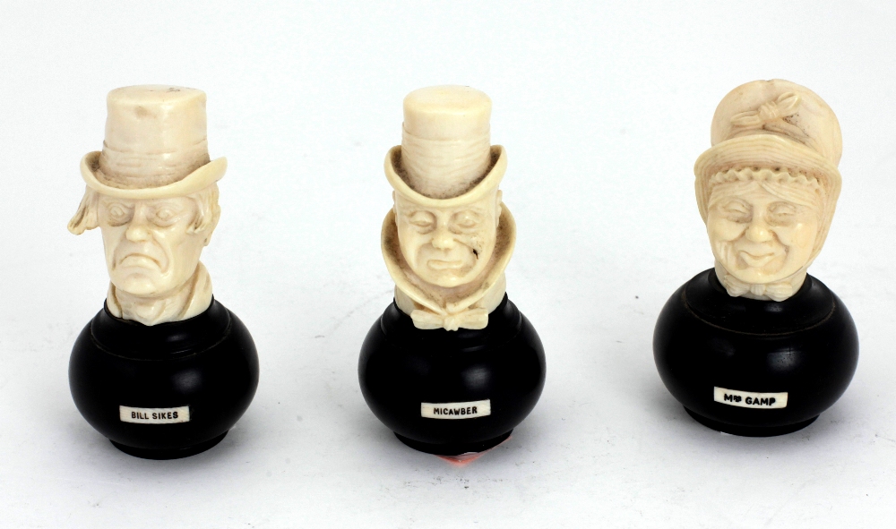 Three Victorian carved ivory Caricature Heads of Charles Dickens characters,