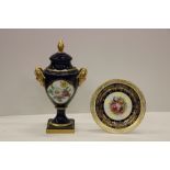 A tall attractive German Royal blue and floral decorated Urn and Cover,