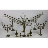 Three large matching pairs of brass Candelabra, and two pairs of brass Vases, a lot.