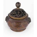 A heavy Chinese bronze Incense Burner, with ornate pierced double dragon cover,