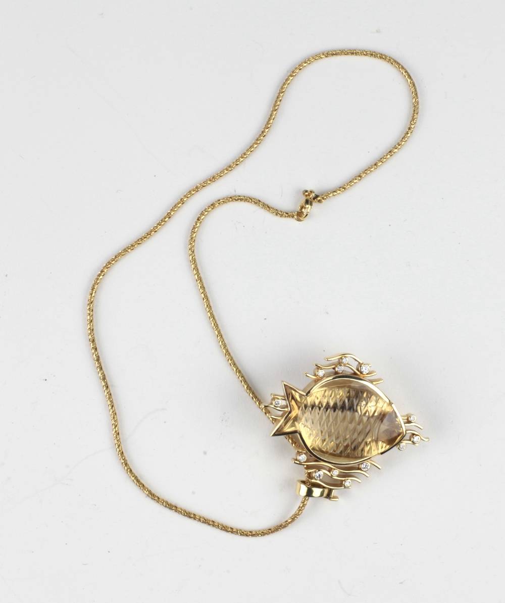 An 18ct yellow gold Pendant, set with 'fish' shape citrine (cut by Hobein) inset with 0. - Image 2 of 2