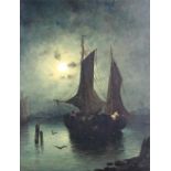 Rudolf Giffinger (19th Century German School) "Moonlight Harbour Scene, with Figure lowering mast,