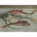David Hone, Irish b. 1929 Still Life, "Fish on a Plate," O.O.C., approx.