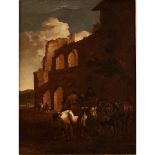 KAREL DUJARDIN ( attr.) (1626-1678) “Cavalieri a cavallo con fondo di ruderi"