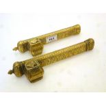 PAIR OF BRASS INKWELLS WITH PEN HOLDERS L: 21CM