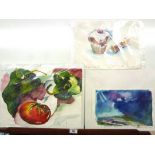 2 X ASSORTED WATERCOLOUR PAINTINGS AND 1 X COLOURED PENCIL DRAWING BY CATHERINE TIRR