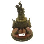 BRONZE 3 LEGGED INKWELL WITH BULLS HEADS DECORATION ON STAND H: 17CM