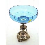 BLUE GLASS DISH ON PLATED STAND H: 29CM D: 19.5CM