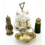 SILVER PLATED CONDIMENT SET ON STAND, 2 SUGAR SHAKERS AND A BON BON DISH