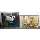 2 FRAMED MIXED MEDIA PICTURES OF MICE AND SWAN 23.5" X 35.75" AND 29" X 33.5"