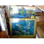 2 FRAMED MIXED MEDIA PICTURES OF KINGFISHER AND FISH 23.5" X 32.75" AND 20.75" X 30"