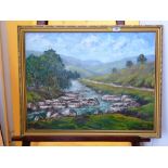 RIVER SCENE OIL POINTAINT SIGNED H.G.C. 19.5" X 25.25"