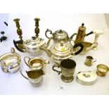 QUANTITY OF ASSORTED PLATED WARE AND BRASS CANDLESTICKS