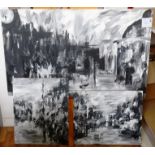 3 ABSTRACT BLACK AND WHITE PAINTINGS ON BOARD BY NATALIE HEWITSON (2 X 23.5" X 19.25" AND 29.25" X