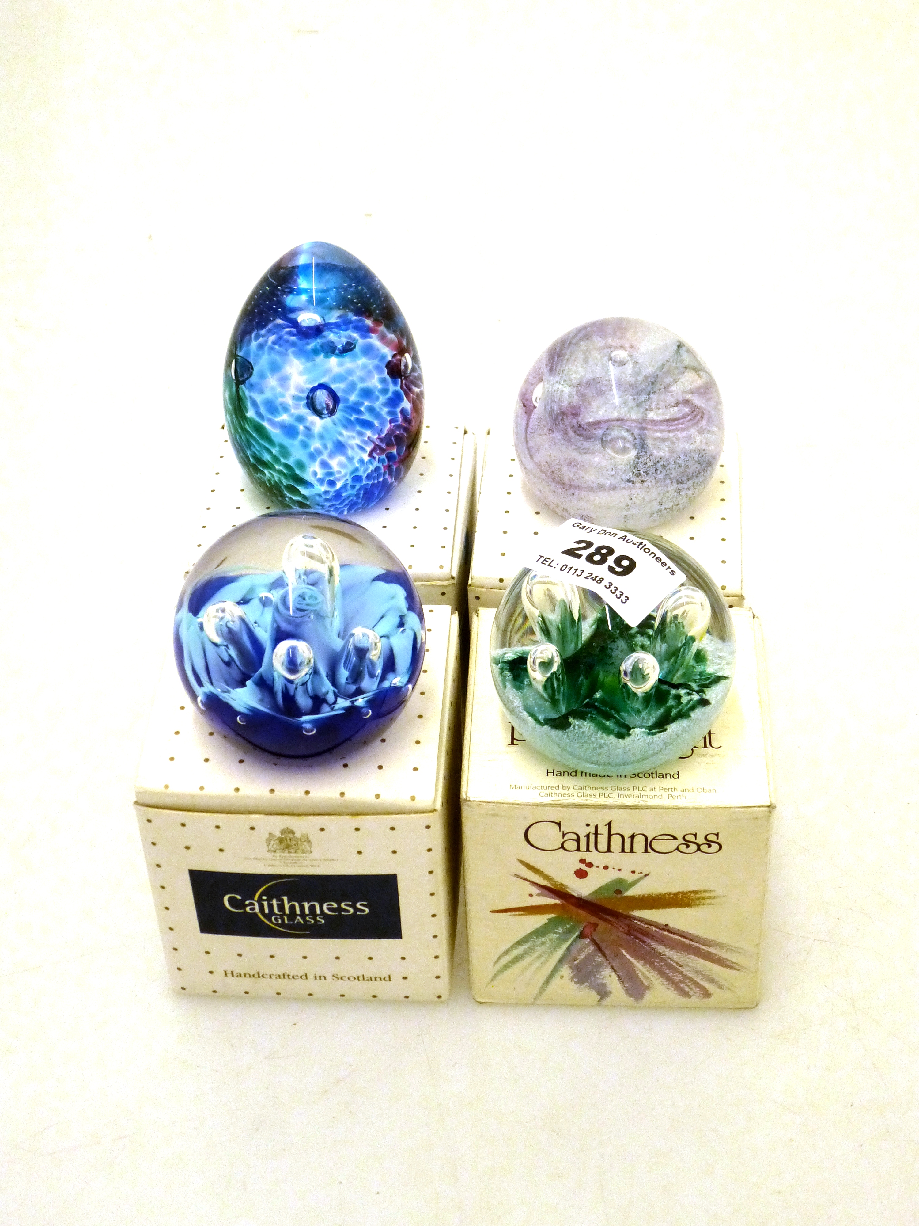 4 BOXED CAITHNESS PAPER WEIGHTS - 2 X MINIATURE MOONFLOWER, SUMMER HAZE AND FORTUNE 2004