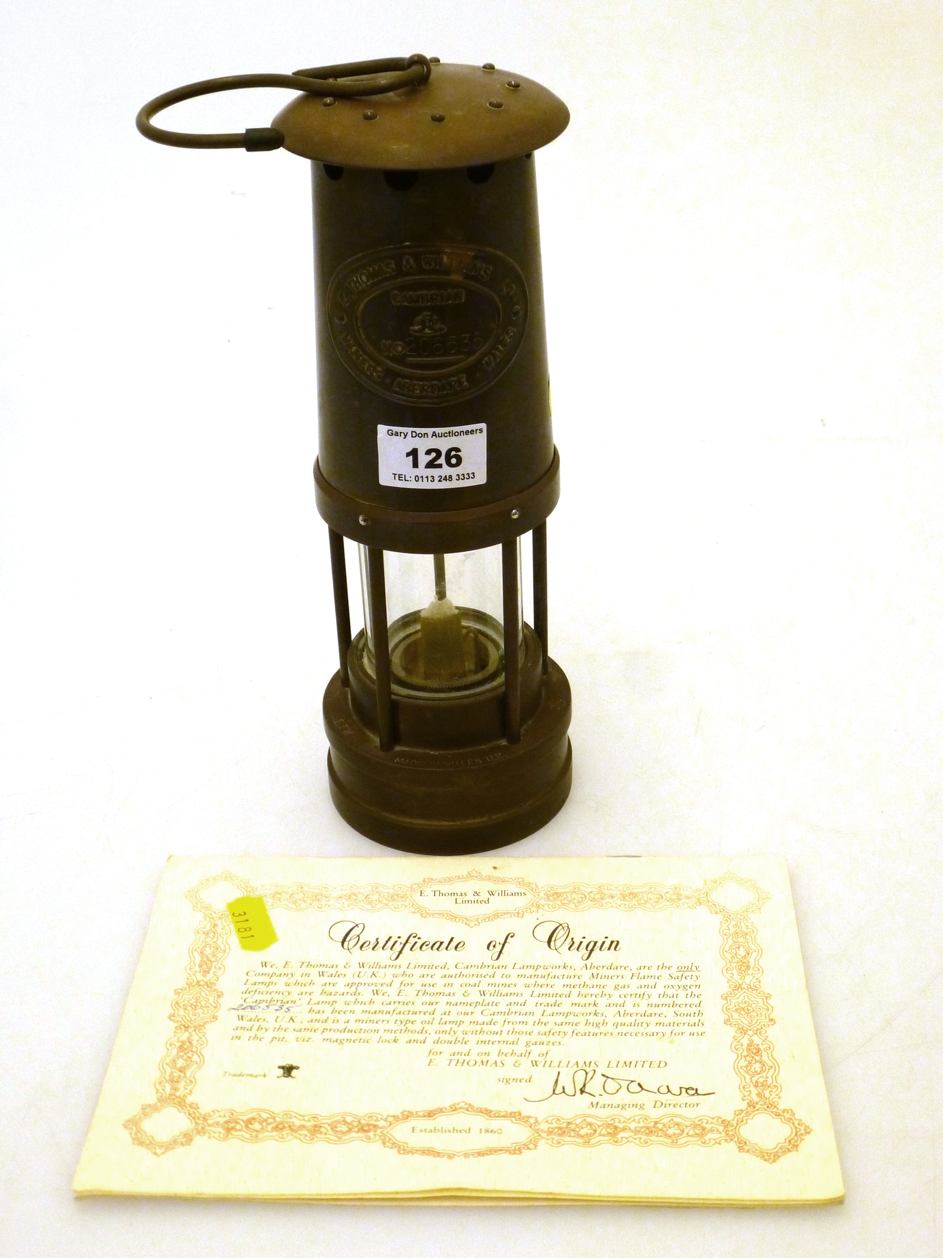 E. THOMAS AND WILLIAMS WALES MINERS LAMP NO. 206535