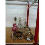 QUANTITY OF ASSORTED GLASSWARE AND PLATED WARE INCLUDING DECANTERS, JUG, WINE COASTERS AND 2