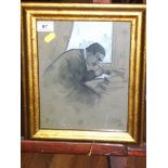 PENCIL AND WATERCOLOUR PICTURE OF A MAN AT A DESK SIGNED G.R.H. 1901 9.5" X 7.5"