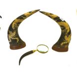 PAIR OF DECORATIVE HORNS 14" AND A MAGNIFYING GLASS 11.25"