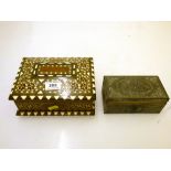 INLAID JEWELLERY BOX WITH SMALL QUANTITY OF COSTUME JEWELELRY AND A CIGARETTE BOX