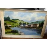 ENGLISH RIVER SCENE PAINTING 1969 BY C. WIEGMAN 23.25" X 36"