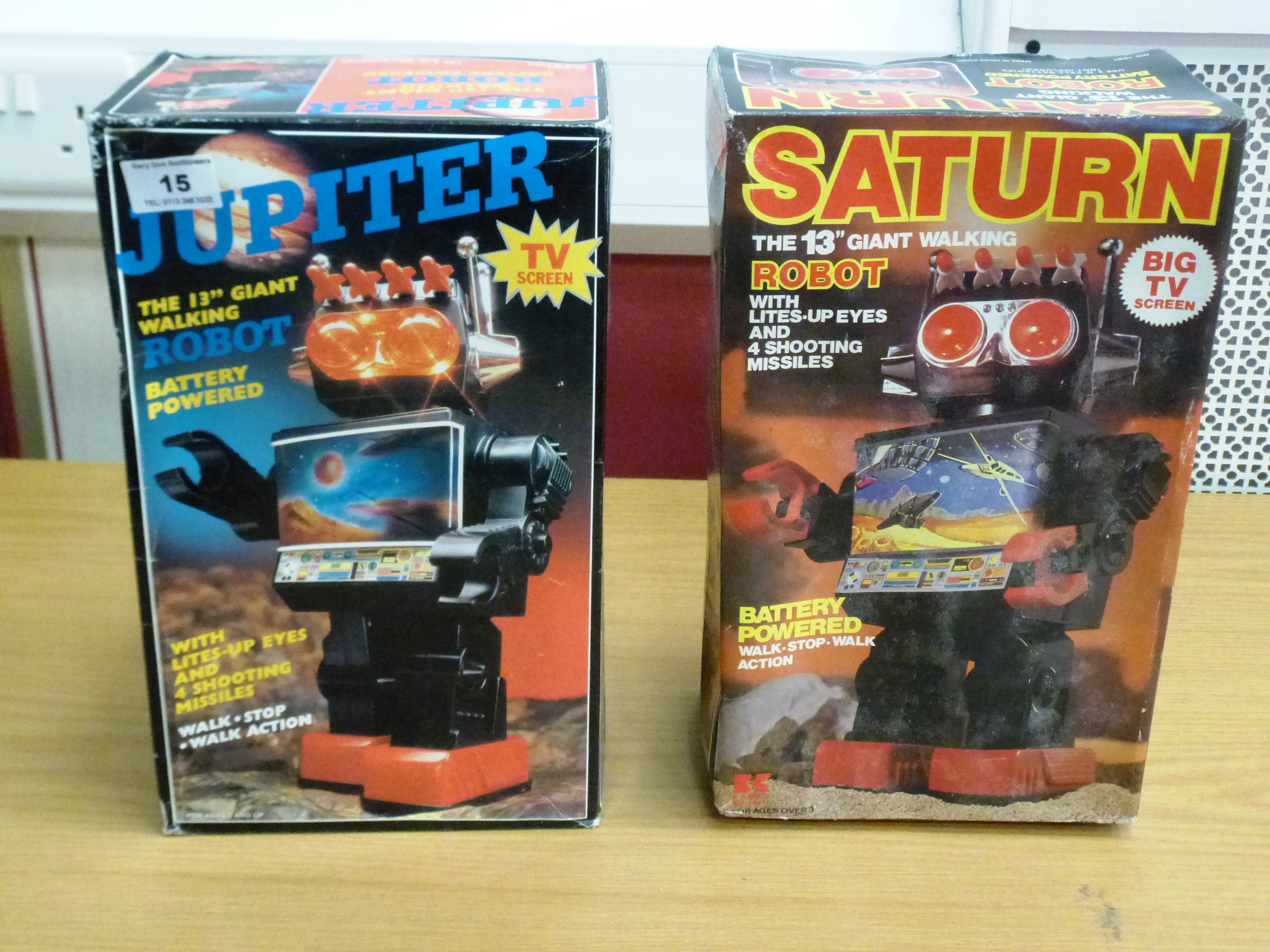 2 BOXED TV SCREEN ROBOTS - JUPITER AND SATURN