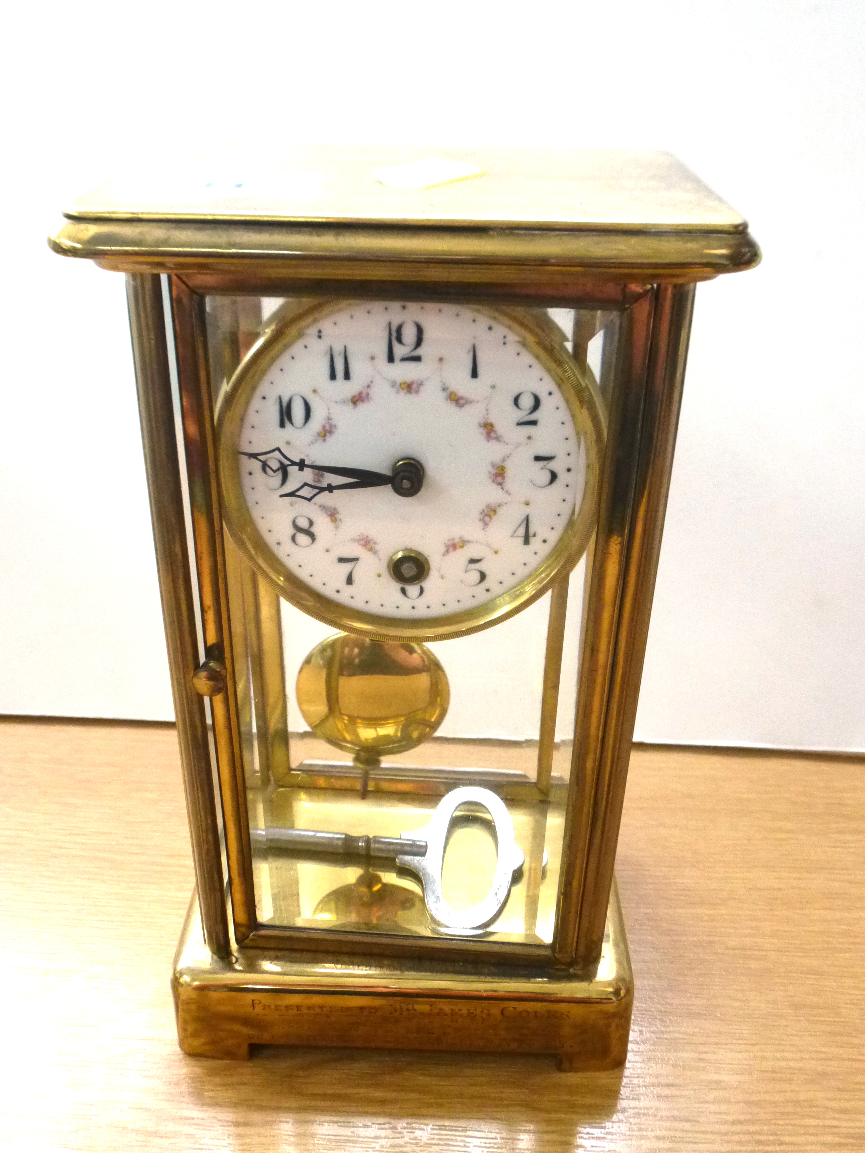 BRASS AND GLASS MANTLE CLOCK PRESENTED TO MR JAMES COLES BY ST. PETERS CRICKET CLUB ON THE