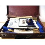 SUITCASE WITH MASONIC SASH, APRON, 2 MASONIC MEDALS AND HISTORY OF FREEMASONRY IN LINCOLNSHIRE BY