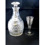 CUT GLASS DECANTER H: 9.5" AND AN ETCHED GLASS H: 5.25"