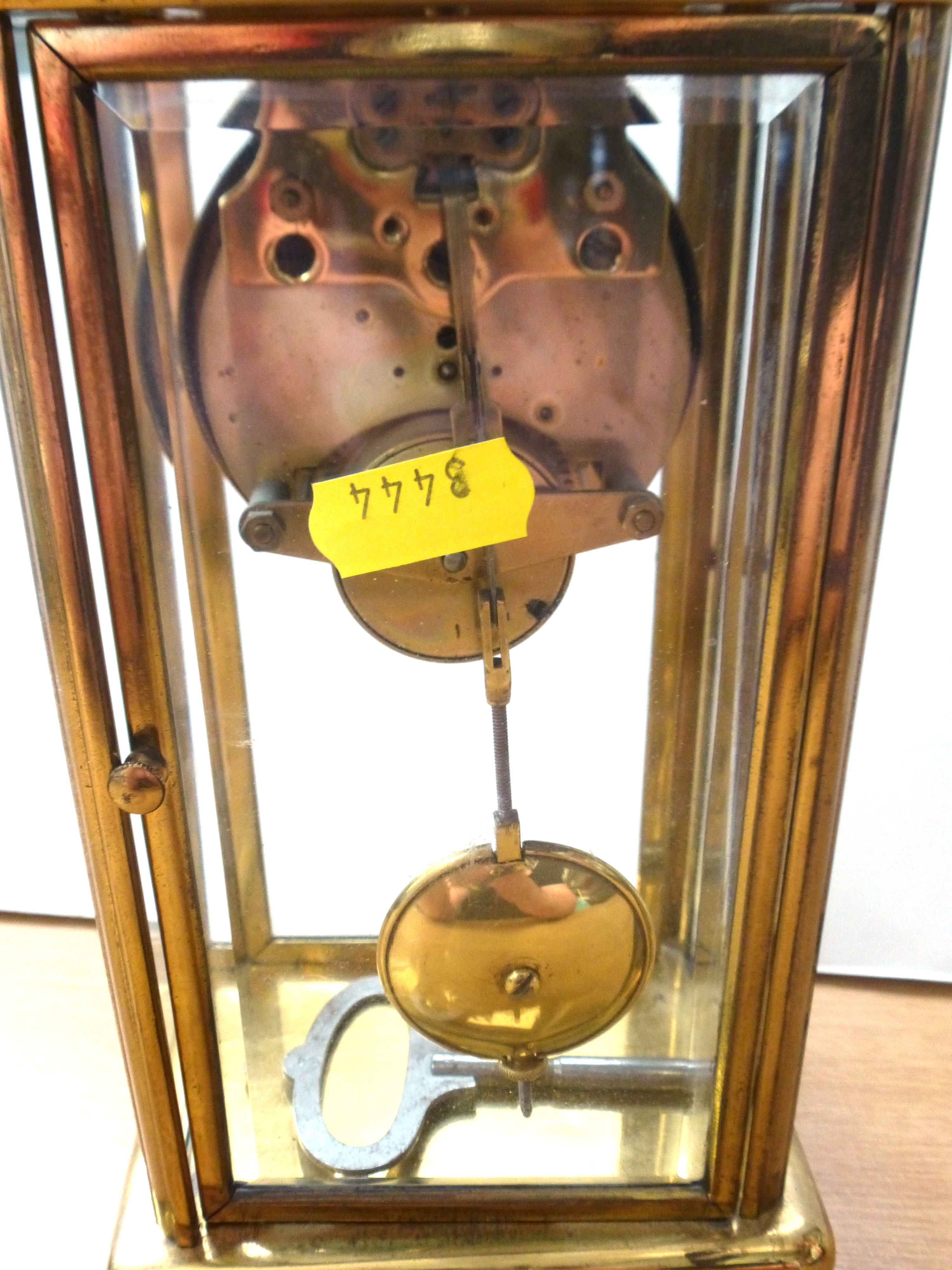 BRASS AND GLASS MANTLE CLOCK PRESENTED TO MR JAMES COLES BY ST. PETERS CRICKET CLUB ON THE - Image 4 of 5