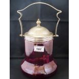 CRANBERRY GLASS STYLE BISCUIT BARREL H: 10.5"