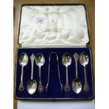 LONDON BRITANNIA STANDARD SILVER 6 SPOONS AND TONG SET IN CASE TOTAL W: 3.5 OZT