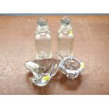 2 GLASS DECANTERS, DAUM GLASS PESTLE AND MORTAR AND A ST. LOUIS CRYSTAL DISH