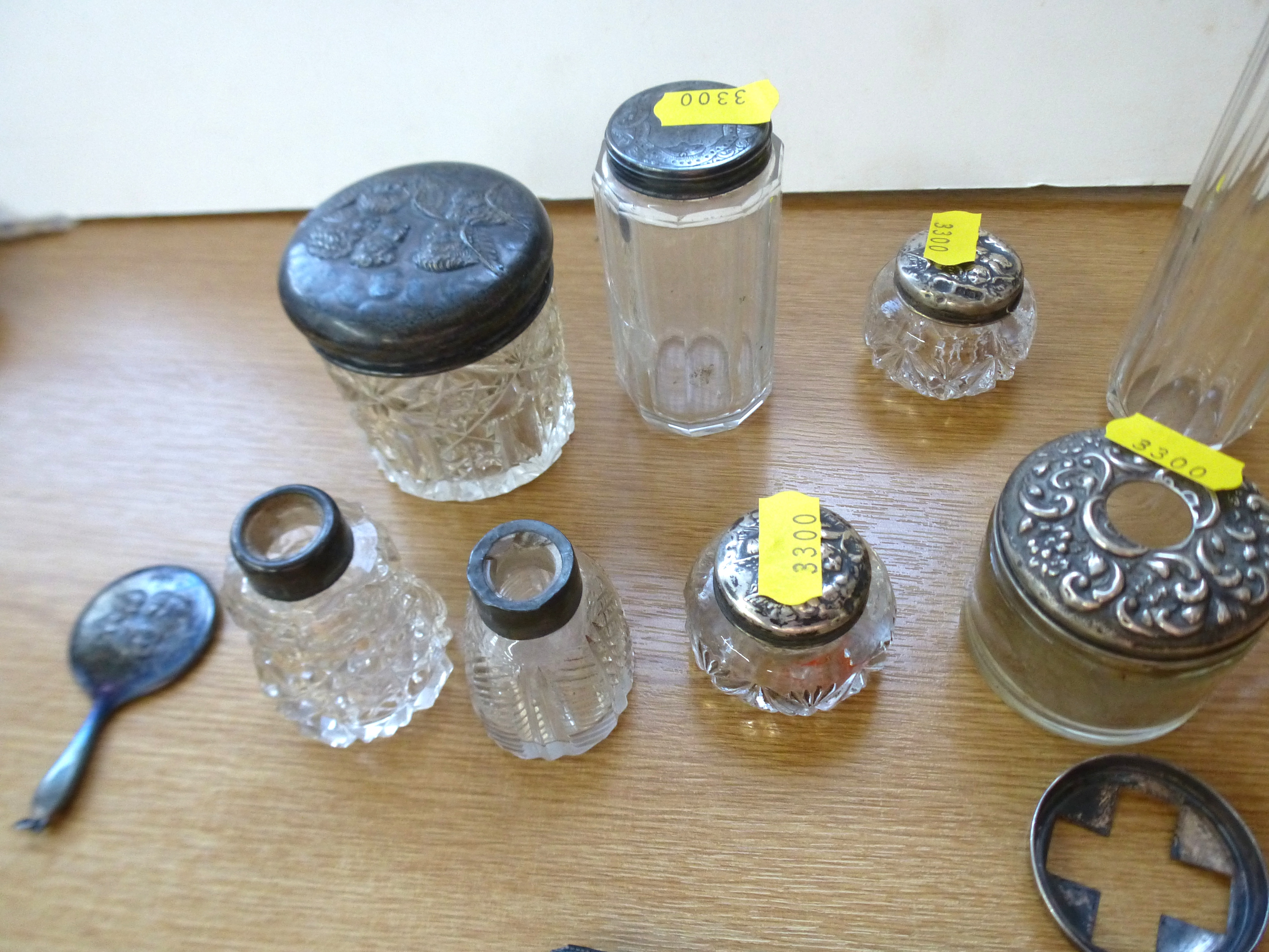9 ASSORTED SILVER TOPPED/RIMMED BOTTLES AND POTS, SMALL SILVER MIRROR, SILVER FRAME AND SILVER LID - Image 3 of 8