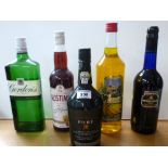 5 ASSORTED BOTTLES OF ALCOHOL INCLUDING GORDONS GIN, BANANA LIQUEUR, PORT ETC