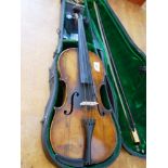 19TH CENTURY ITALIAN VIOLIN MARKED PIOTTI MONTEBELLO WITH UNMARKED BOW IN CASE