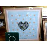 FLOWER HEART PICTURE ON MATERIAL BY FLEUR COWLES ( 29.75" X 29" WITH A BOXED DENBY-LIMOGES