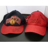 2 MANCHESTER UNITED CAPS SIGNED BY DAVID BECKHAM AND RUUD VAN NISTELROOY