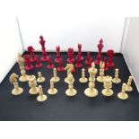 IVORY CHESS PIECE SET BY CALVERT MAKER 189 FLEET STREET LONDON - 1 WHITE PAWN BROKEN, CHIP ON RED