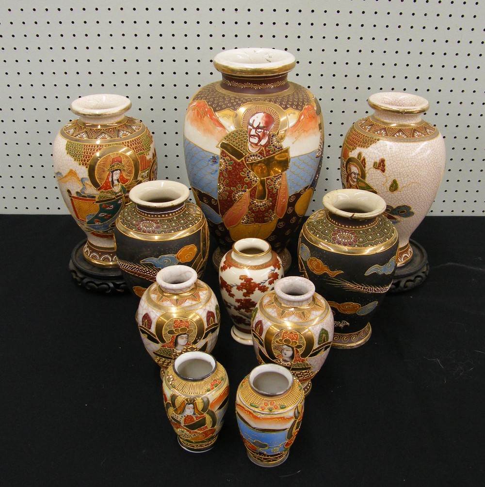 Assortment of Japanese Satsuma vases, the tallest 12" high (10)