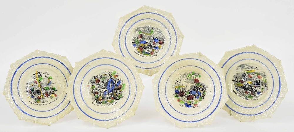 Five 19th century octagonal relief moulded pottery children's bowls, transfer printed with