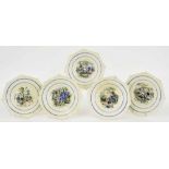 Five 19th century octagonal relief moulded pottery children's bowls, transfer printed with