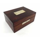 Victorian rosewood work box, with two inset ivory figural panels to the lid stylised eastern
