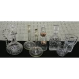 Three hallmarked silver decanter labels for gin, sheery and vodka; with assorted glass decanters,