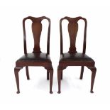 Pair of Queen Anne style mahogany dining chairs, with vase splats, green drop-in seats and