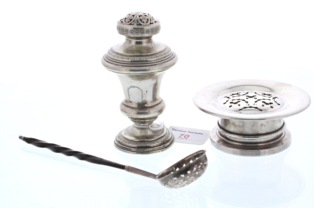 Silver plated pounce pot, 4.5" high, together with a silver potpourri holder and olive spoon with