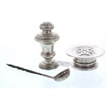 Silver plated pounce pot, 4.5" high, together with a silver potpourri holder and olive spoon with