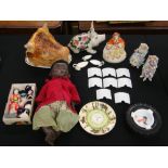 Rosebud black baby doll, 17" long; set of bisque lithophane landscape bowed small plaques,