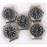 Five CWC Military quartz wristwatches (not currently functioning and sold as seen)